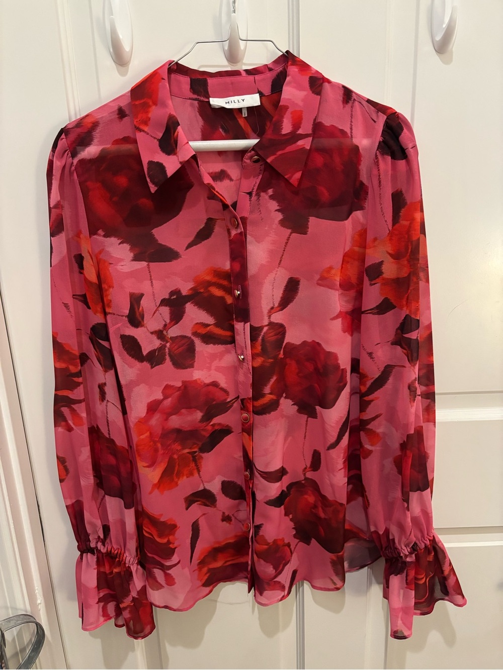 Milly Pink Floral Button-Front Chiffon Blouse with Red Accents